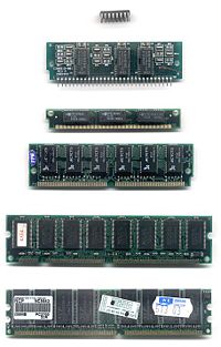 Memorie RAM. Dall'alto: DIP, SIPP, SIMM (30 pin), SIMM (72 pin), DIMM (168 pin), DDR DIMM (184 pin)