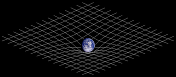 Una celebre illustrazione divulgativa della curvatura dello spaziotempo dovuta alla presenza di massa, rappresentata in questo caso dalla Terra.