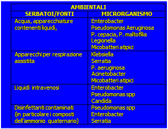 Casella di testo: AMBIENTALI  SERBATOI/FONTI	MICRORGANISMO  Acqua, apparecchiature contenenti liquidi,	Enterobacter  Pseudomonas Aeruginosa  P. cepacia, P. maltofilia  Legionella  Micobatteri atipici  Apparecchi per respirazione assistita	Klebsiella  Serratia  P. aeruginosa  Acinetobacter  Micobatteri atipici  Liquidi intravenosi	Enterobacter  Pseudomonas spp  Candida  Disinfettanti contaminati   (in particolare i composti dell’ammonio quaternario)	Pseudomonas spp  Enterobacter  Serratia