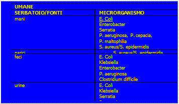 Casella di testo: UMANE  SERBATOIO/FONTI	MICRORGANISMO  mani	E. Coli  Enterobacter  Serratia  P. aeruginosa, P. cepacia,   P. maltophilia  S. aureus/S. epidermidis  narici	S. aureus/S. epidermidis    feci	E. Coli  Klebsiella  Enterobacter  P. aeruginosa  Clostridium difficile  urine	E. Coli  Klebsiella  Serratia  P. aeruginosa