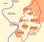 Mapa esquemático de Roma, mostrando las siete colinas y las murallas servianas.