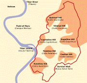 'Mapa esquemático de Roma, mostrando las siete colinas y las murallas servianas.' Mapa esquemático de Roma, mostrando las siete colinas y las murallas servianas.